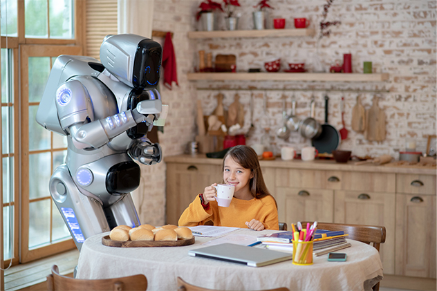 Smiling Girl and Robot Having Tea Together